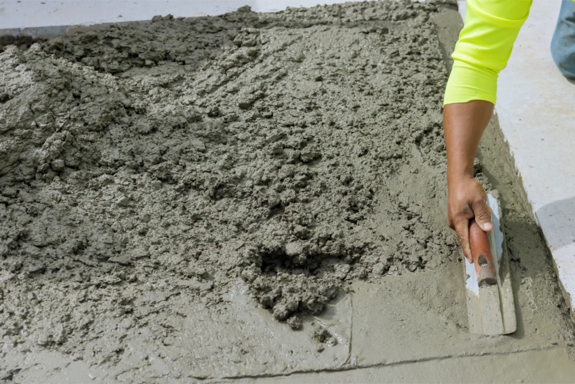 Close-up of a hand trowel smoothing wet concrete
