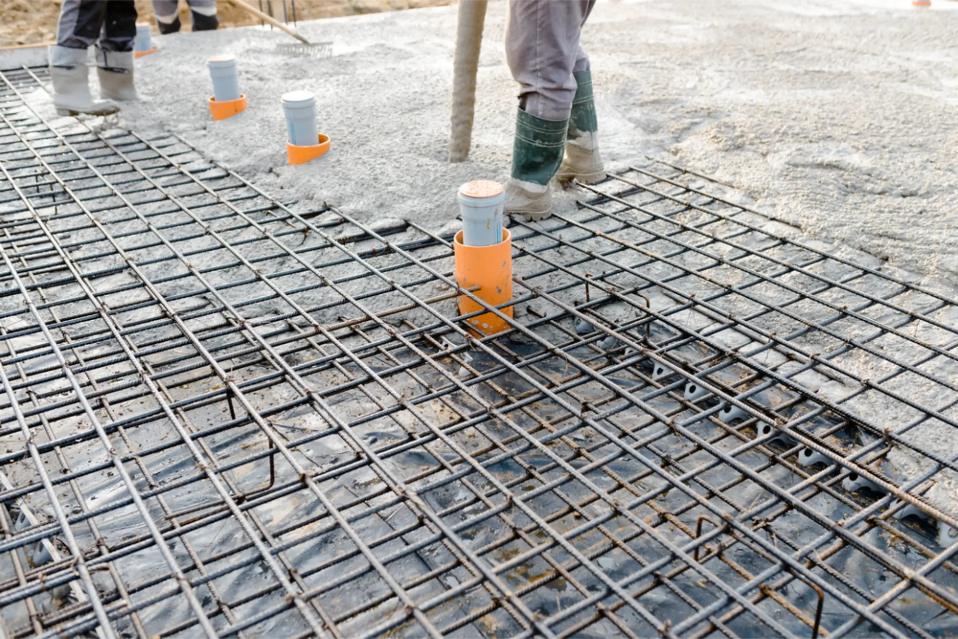 Multiple plumbing stubs set through a slab prepped for pouring