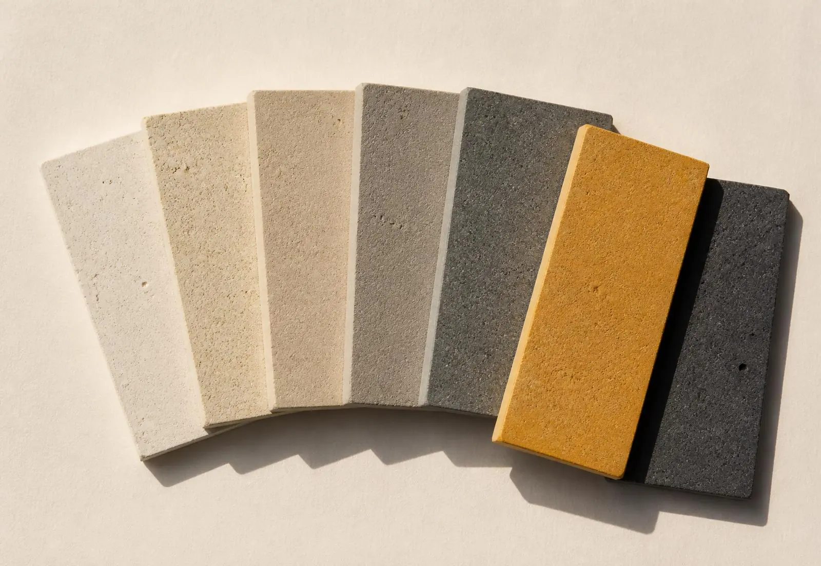 A fan of concrete colour sample chips from bone through to amber and charcoal